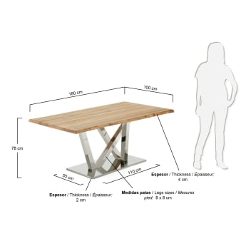 Table Nyc 180 x 100 cm chêne naturel pieds en acier inoxydable - dimensions