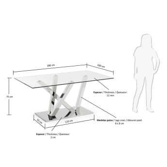 Table Nyc 180 cm verre pieds en acier inoxydable - dimensions