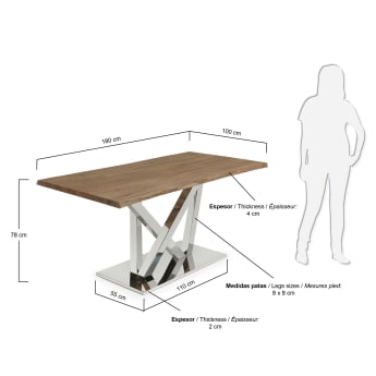 Table Nyc 180 cm  chêne viellli pieds en acier inoxydable - dimensions