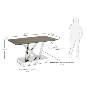 Table Nyc 180 cm grès cérame pieds en acier inoxydable - dimensions