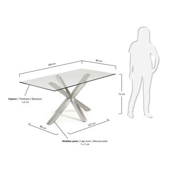 Table Argo 160 cm verre pieds en acier inoxydable mat - dimensions