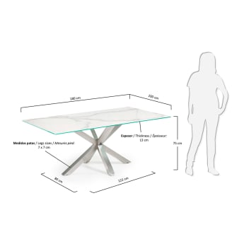 Table New Argo 180x90, inox Mat et Kalos blanco - dimensions
