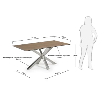Table New Argo 180x100 cm, inox Mat Porcelanique Iron Corte - dimensions