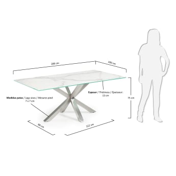 Table New Argo 200x100, inox mat plateau porc. Kalos blanc - dimensions