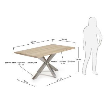 Table Argo 180 cm chêne blanchi pieds en acier inoxydable mat - dimensions