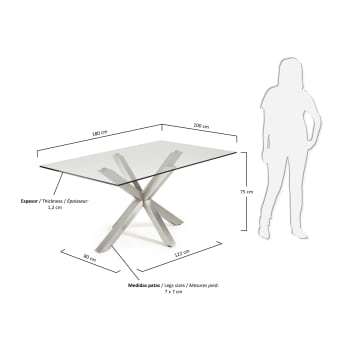 Table Argo 180 cm verre pieds en acier inoxydable mat - dimensions