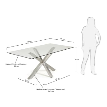 Table Argo 200 cm verre pieds en acier inoxydable mat - dimensions