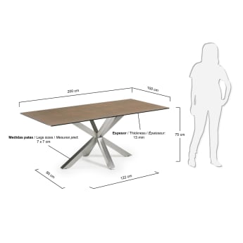 Table Argo 200 cm grès cérame Iron Corten pieds acier inoxydable mat - dimensions