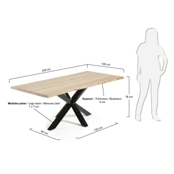 Table Argo placage de chêne finition blanchie et pieds en acier finition noire 220 x 100cm - dimensions