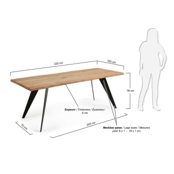Table Koda placage de chêne finition naturelle et pieds en acier noir 220 x 100 cm - dimensions