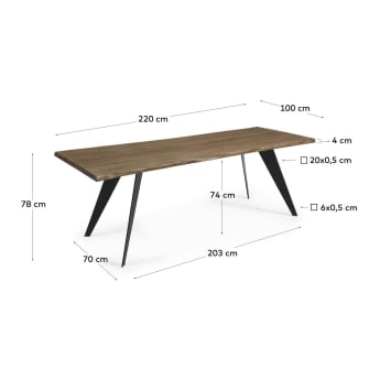 Table Koda placage de chêne effet vieilli et pieds en acier finition noire 220 x 100 cm - dimensions