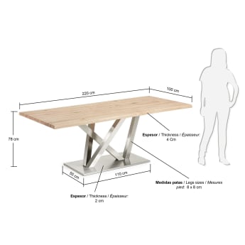 Table Nyc 220x100, inox mat chêne naturel - dimensions