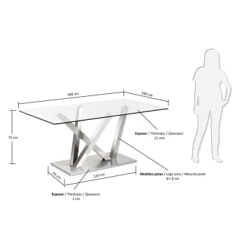 Table Nyc 200x100, inox mat et verre transparent - dimensions