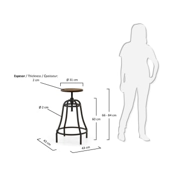 Malira steel kitchen stool with a dark grey finish, solid bamboo seat, 66-84 cm - sizes