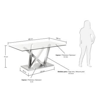 Table Nyc 180x100, inox mat et verre transparent - dimensions