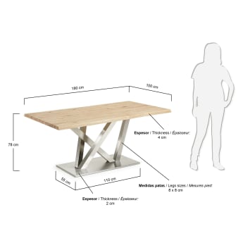 Table Nyc 180x100, inox mat plateau Chêne naturel - dimensions