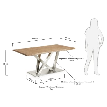 Table Nyc 180x100, inox mat plateau Chêne Vieilli - dimensions