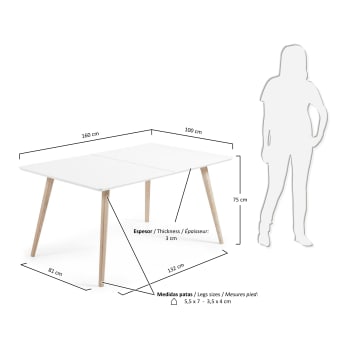 Mesa extensível Eunice 160 (260) x 100 cm com um lacado branco pernas madeira maciça de freixo - tamanhos