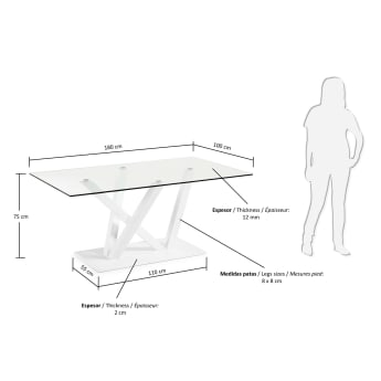 Table Nyc 180x100, epoxy blanc et verre transparent - dimensions