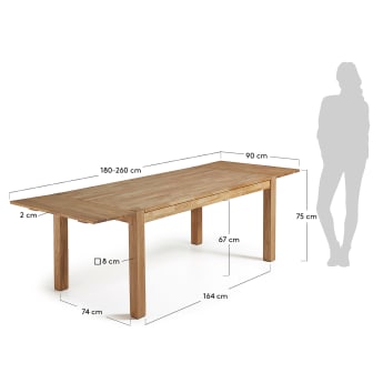 Table extensible Isbel 180( 260) x 90 cm en chêne massif - dimensions