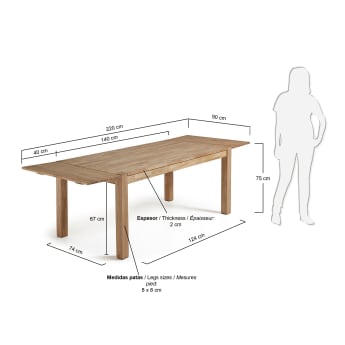 Table extensible Isbel 140 (220) x 90 cm en chêne massif - dimensions