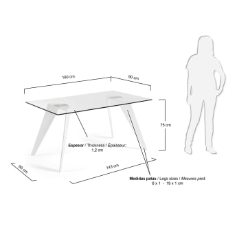 Tavolo Koda 160x90, Epossido Bianco e Vetro Trasparente - dimensioni