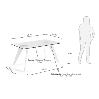 Table Koda 180x90 cm, Eopxy blanc et verre - dimensions