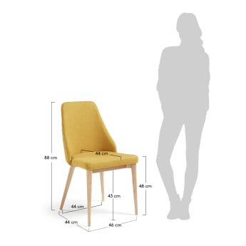 Chaise Rosie jaune moutarde et pieds en bois de frêne massif finition naturelle - dimensions