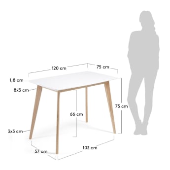 Anit Tisch 120 x 75 cm weiß lackiert und mit Beinen aus massivem Eschenholz - Größen