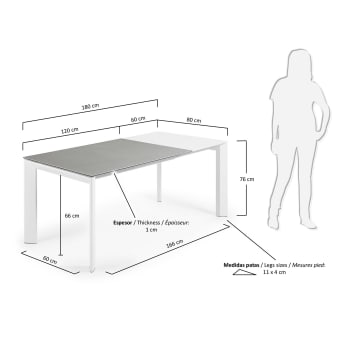 Table extensible Axis grès cérame finition Hydra Plomb et pieds en acier blanc 120(180)cm - dimensions