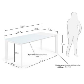 Mesa extensível Axis de vidro branco e pernas de aço acabamento branco 140 (200) cm - tamanhos
