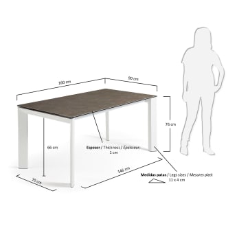Table extensible Axis grès cérame finition Vulcano Cendrée et pieds acier blanc 160(220)cm - dimensions