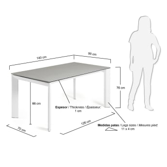 Table extensible Axis grès cérame finition Hydra Plomo et pieds en acier blanc 140(200)cm - dimensions