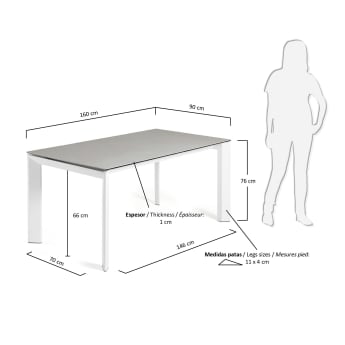 Table extensible Axis grès cérame finition Hydra Plomo pieds blancs 160 (220) cm - dimensions