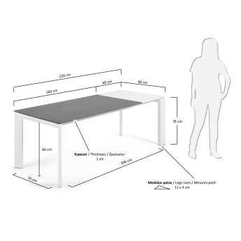 Table extensible Axis grès cérame finition Vulcano Roca pieds blancs 160 (220) cm - dimensions