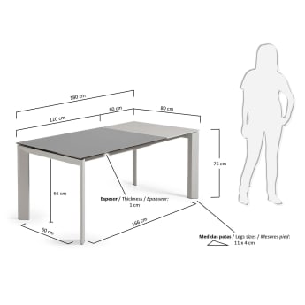 Mesa extensível Axis 120 (180) cm vidro cinza pernas cinza - tamanhos