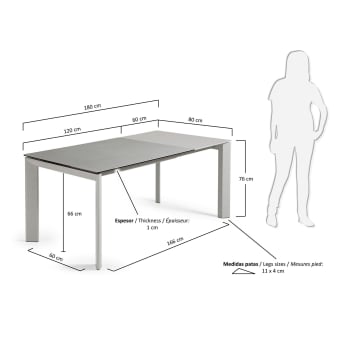 Table extensible Axis grès cérame finition Hydra Plomb et pieds en acier gris 120 (180) cm - dimensions