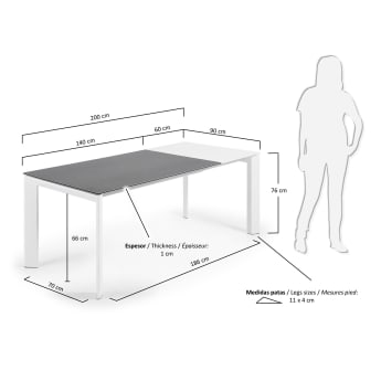 Table extensible Axis grès cérame finition Vulcano Roca et pieds acier blanc 140 (200) cm - dimensions