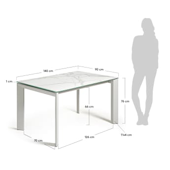 Table extensible Axis grès cérame finition Kalos blanche pieds gris 140 (200) cm - dimensions