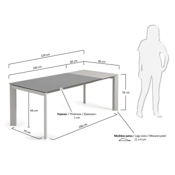 Table extensible Axis 160 (220) cm verre gris pieds gris - dimensions