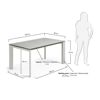 Table extensible Axis grès cérame finition Hydra Plomo pieds gris 160 (220) cm - dimensions