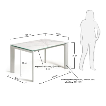 Table extensible Axis grès cérame finition Kalos blanche pieds gris 160 (220) cm - dimensions