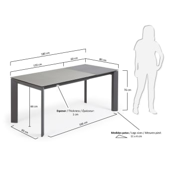 Table extensible Axis grès cérame finition Hydra Plomb pieds acier anthracite 120(180)cm - dimensions
