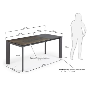 Table extensible Axis grès cérame finition Iron Moss et pieds acier anthracite 120(180)cm - dimensions