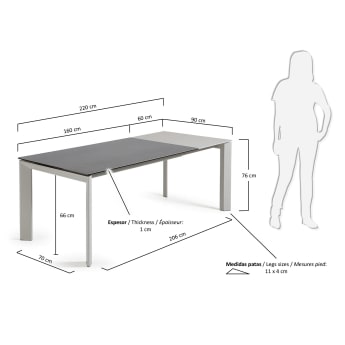 Table extensible Axis grès cérame finition Vulcano Roca pieds gris 160 (220) cm - dimensions