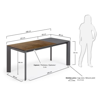 Axis extendable porcelain table with Iron Corten finish and dark grey legs, 120 (180) cm - sizes