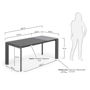 Table extensible Axis 120 (180) cm verre graphite pieds en graphite - dimensions