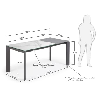 Επεκτεινόμενο τραπέζι Axis, πορσελάνη Kalos Blanco, σκούρα γκρι πόδια 120(180)εκ - μεγέθη