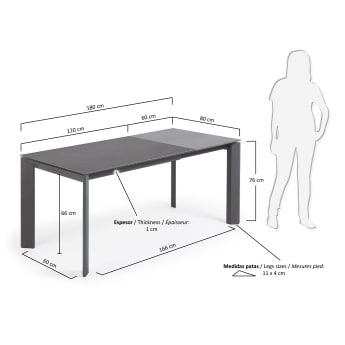 Table extensible Axis grès cérame finition Vulcano Roca pieds acier gris foncé 120 (180)cm - dimensions