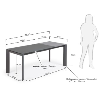 Table extensible Axis en verre gris et pieds en acier finition gris foncé 140 (200) cm - dimensions